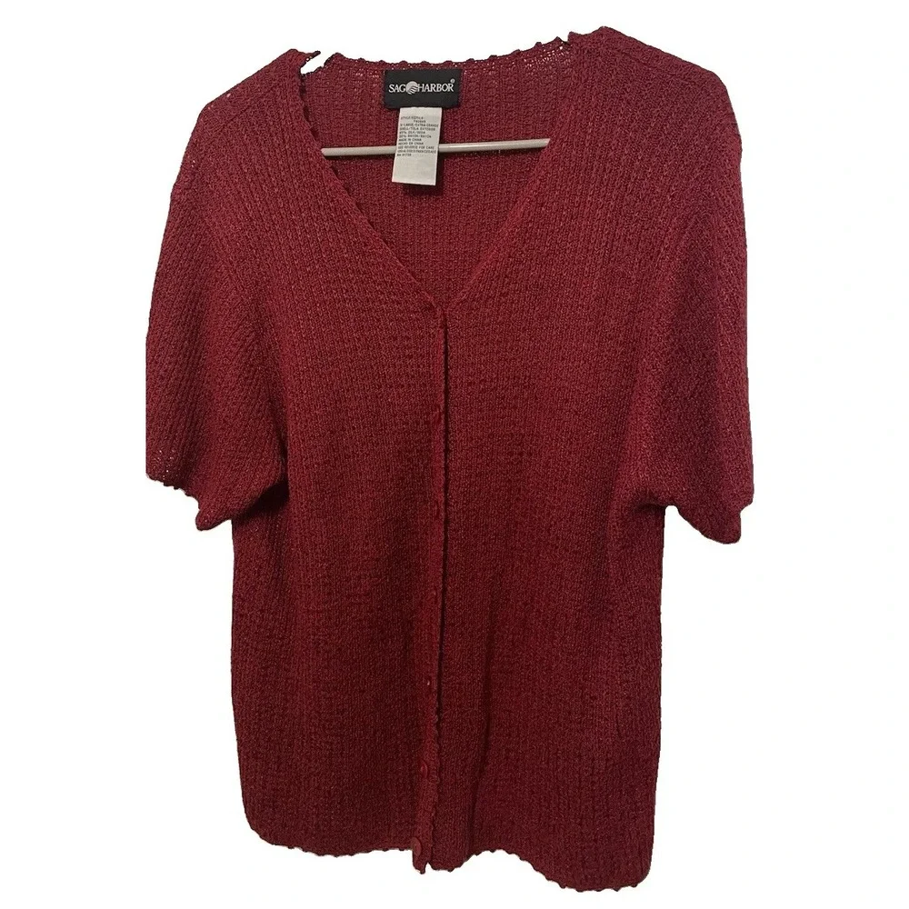 Sag Harbor XL Silk Rayon Cardigan Red Short Sleeve Button Front Knit Sweater